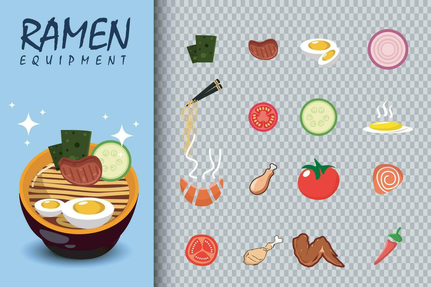 vector illustration of Japanese ramen with hot sauce and ramen ingredients to serve and mix