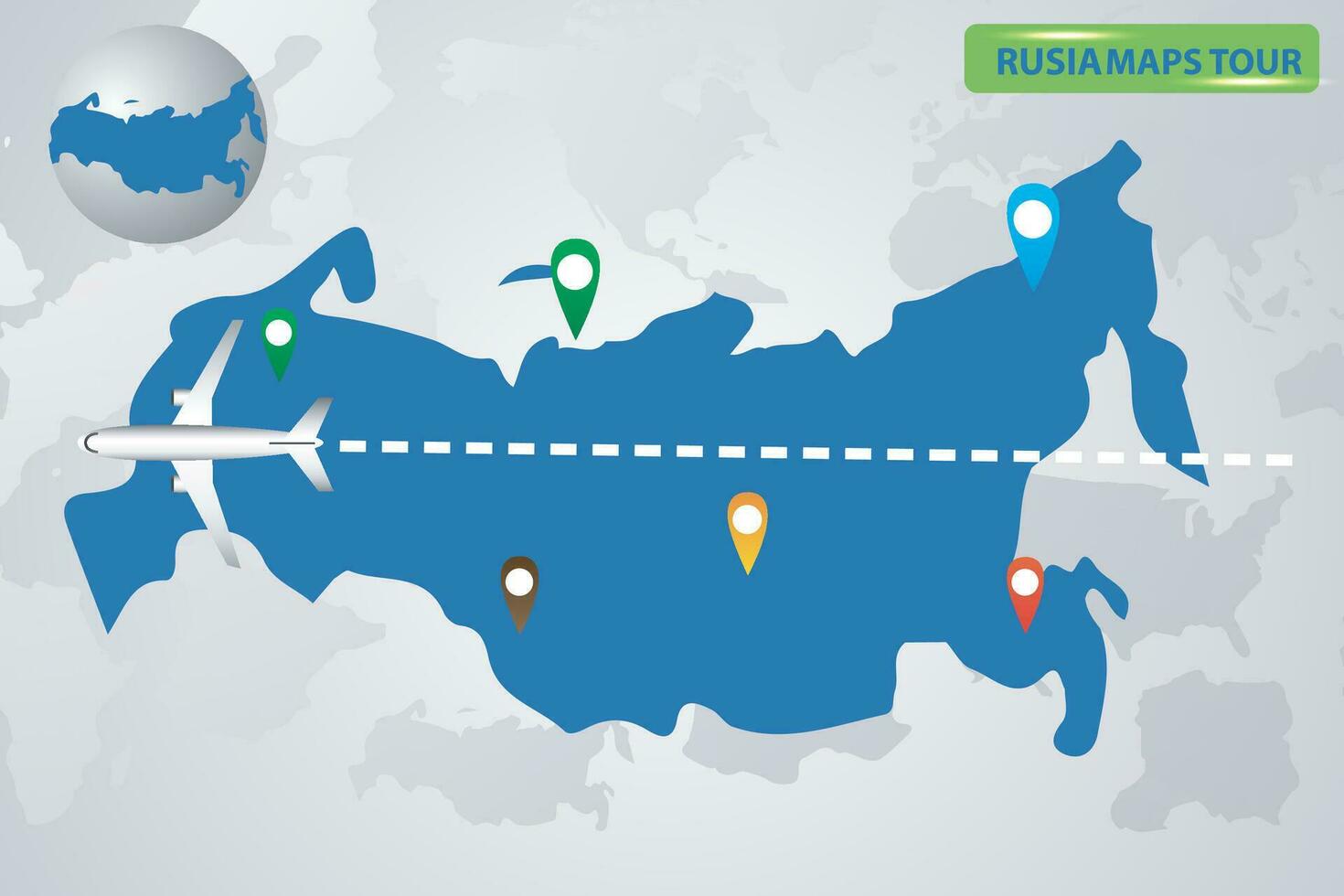 vector illustration map of russia area in plane pass with destination point