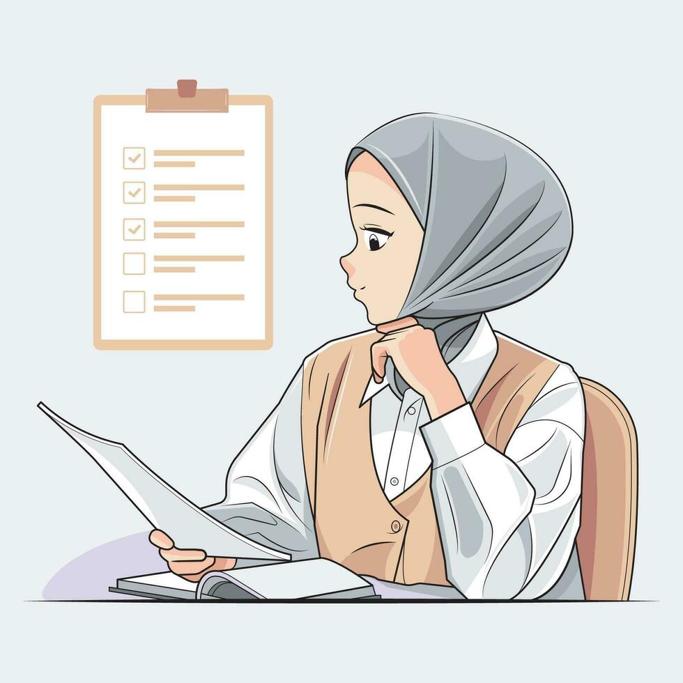 Beautiful young woman in hijab looking at notebook vector illustration free download