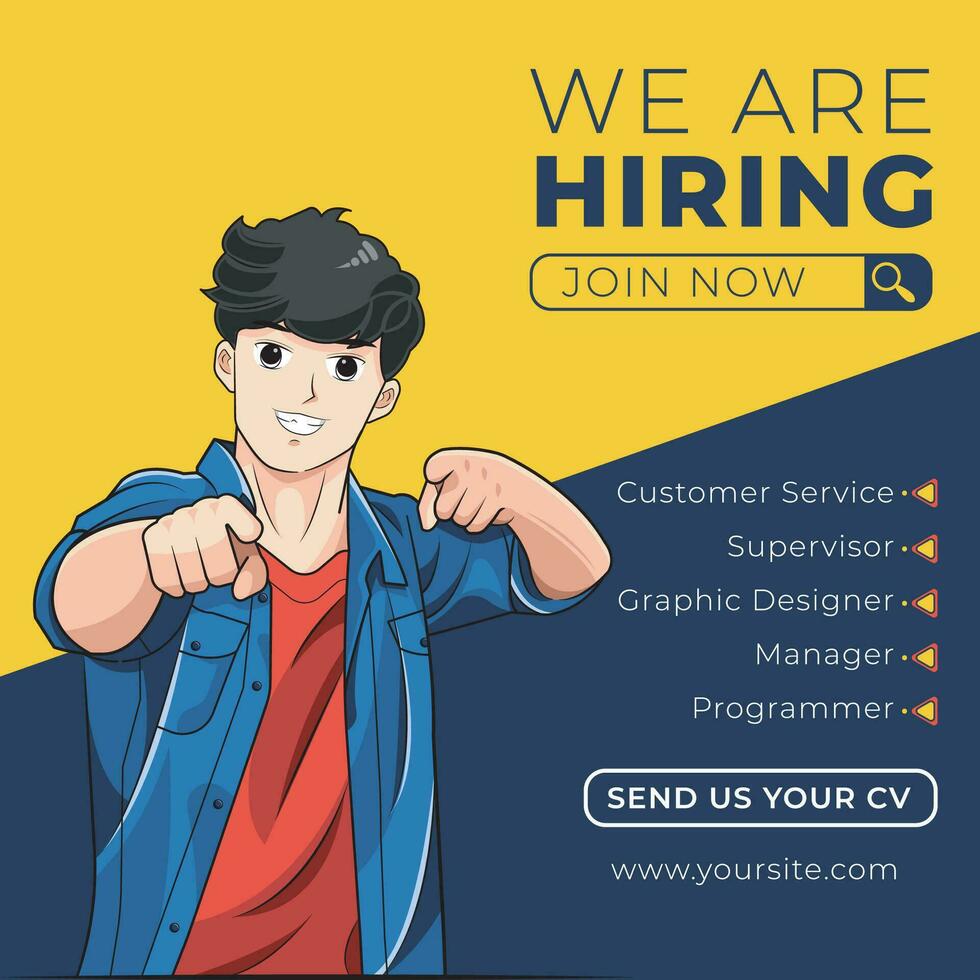 We are hiring. Social media post template. Man pointing fingers at camera vector illustration free download
