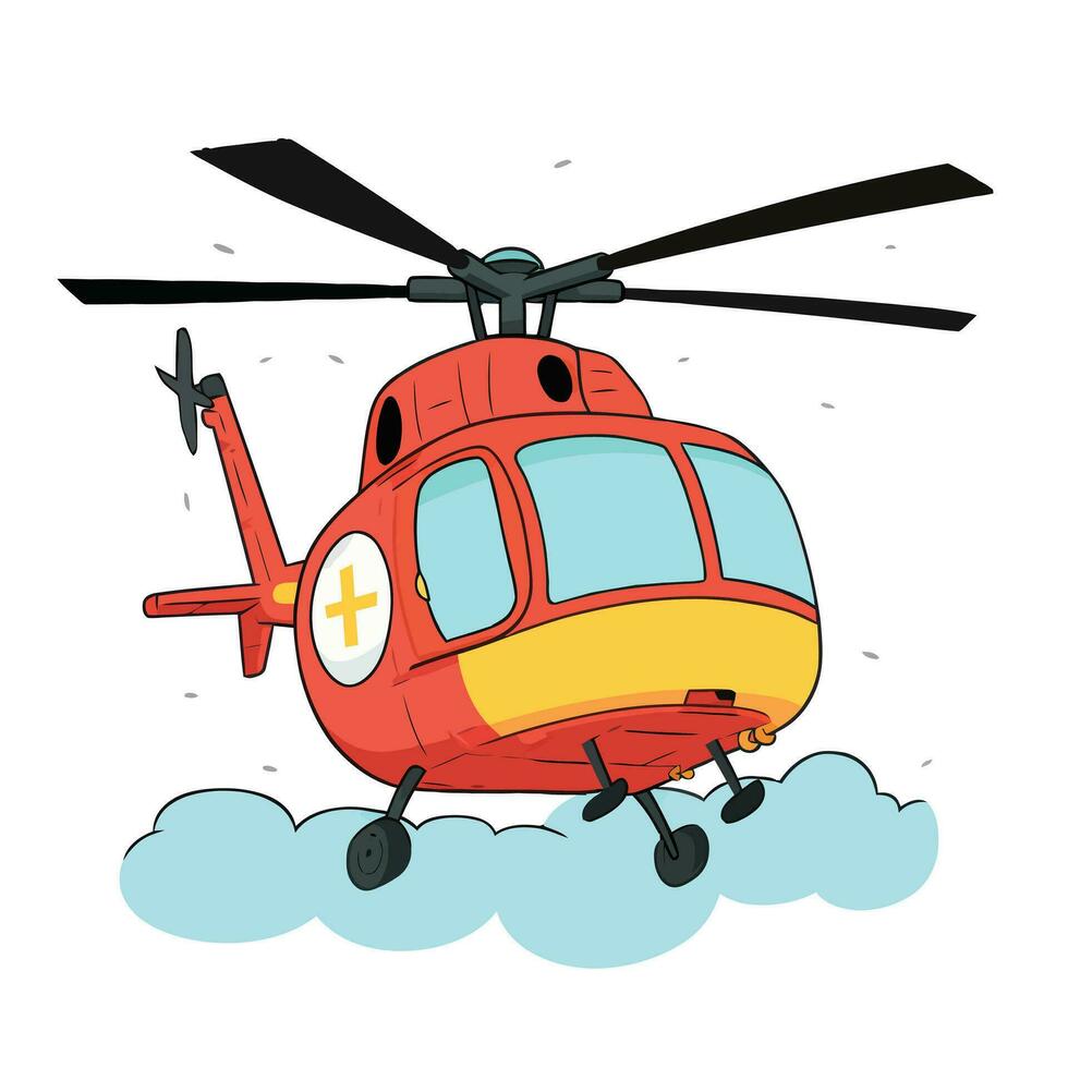 Rescue helicopter  flying in the sky. cartoon hand-drawn helicopter. Air Ambulance helicopter vector