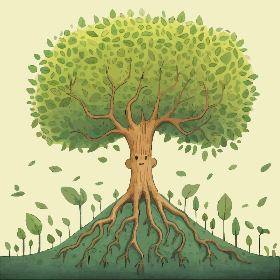 árbol con raíces ilustración. fantasía grande árbol con rostro. selva niños cuentos vector ilustración