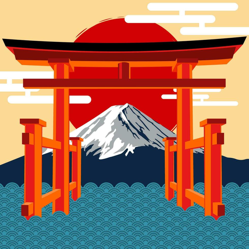 el montaña fuji y torii en el lago son popular turista atracciones en Japón. vector