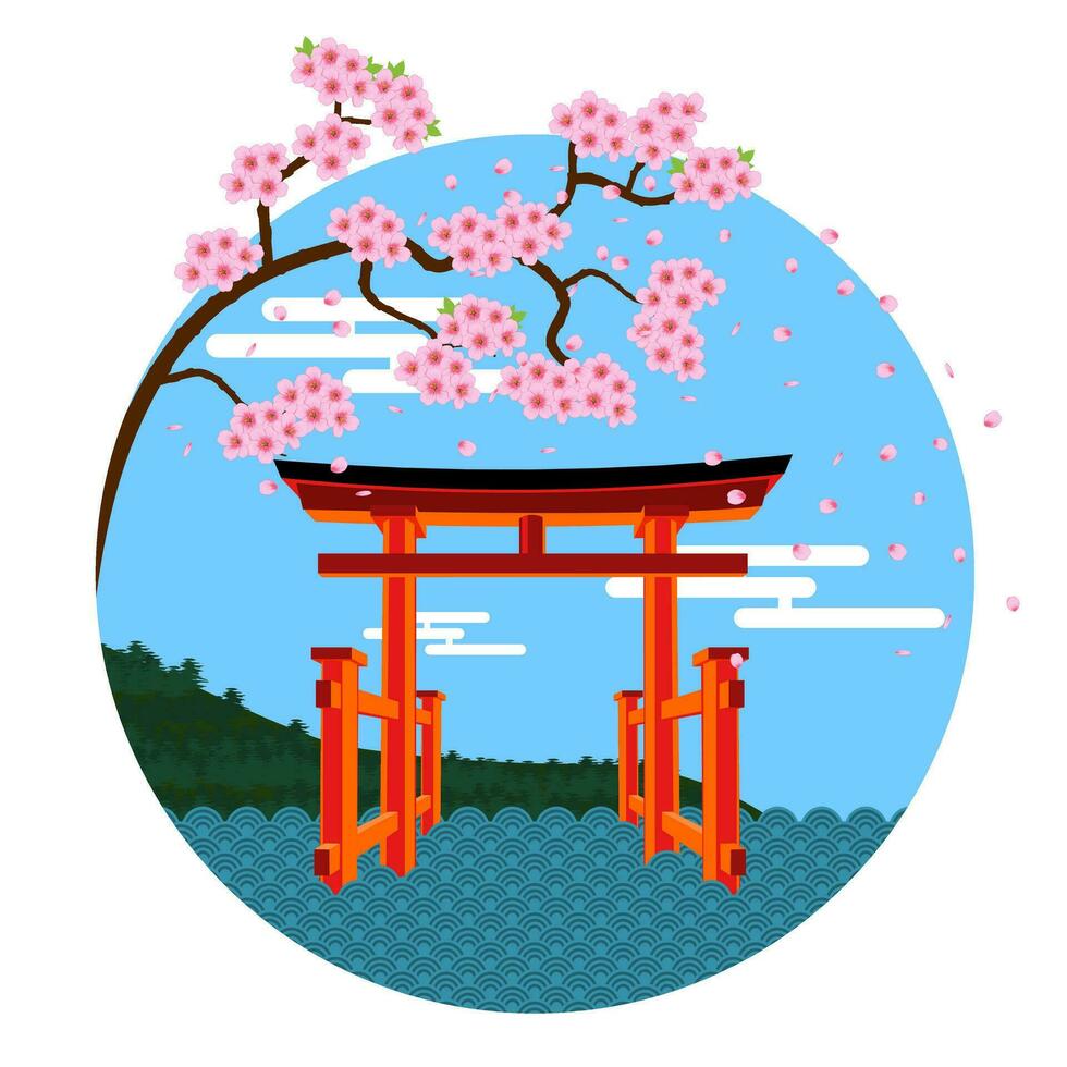 el torii portón en el lago con Cereza florecer vector
