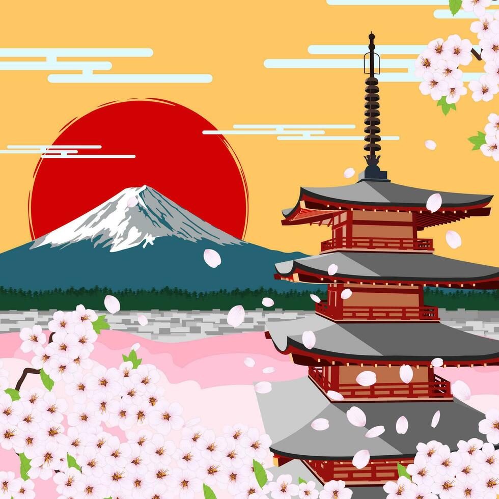 Mount Fuji in cherry blossom season near the pagoda vector