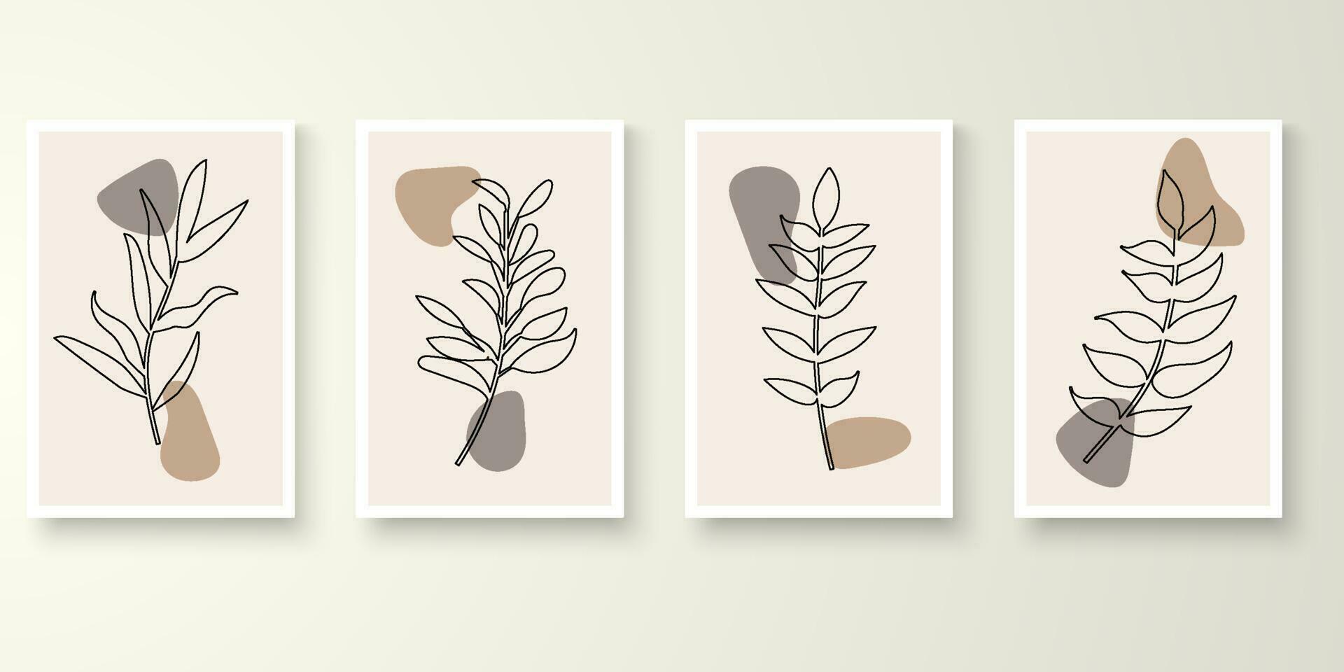 Set of minimal natural wall art in white frames. Foliage line art drawing with abstract shape composition earth tone. Art vector illustration.