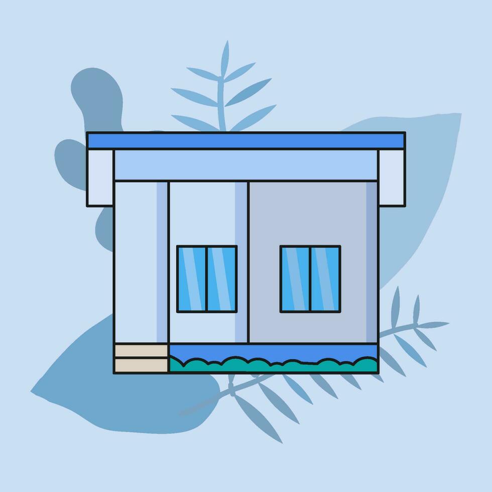 Simple house isolated vector. Blue theme color, black stroke, leaf shape background. Single urban residence vector illustration.
