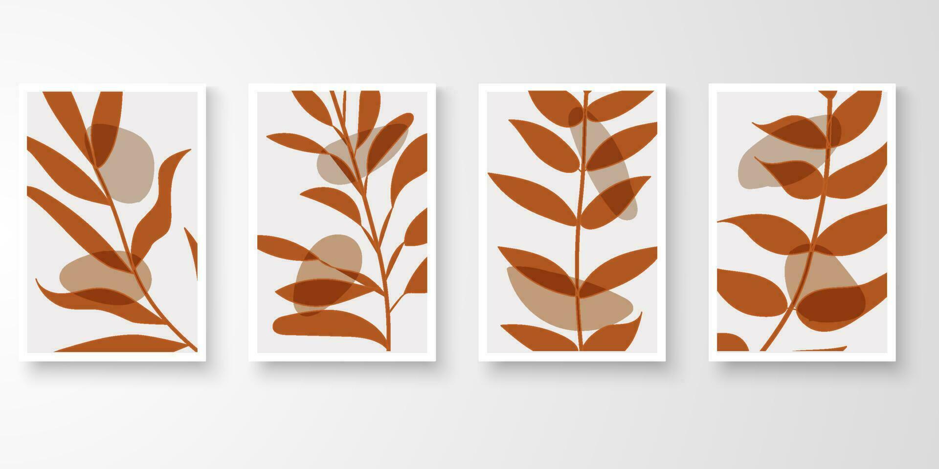 Set of minimal natural wall art in white frames. Foliage line art drawing with abstract shape composition earth tone. Art vector illustration.