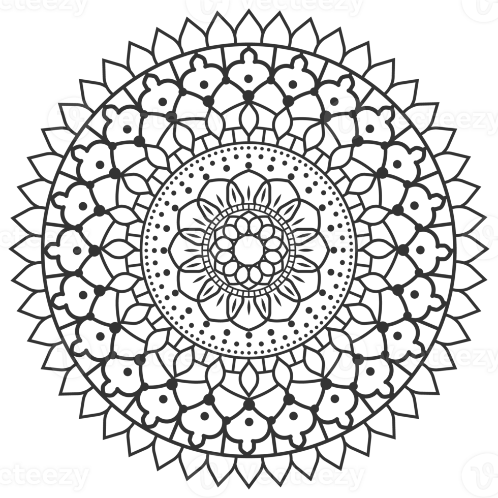 Monochrome mandala ornament outline pattern. Indian geometric art graphic for meditation. png