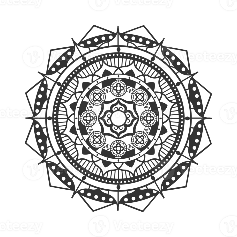 Monochrome mandala ornament outline pattern. Indian geometric art graphic for meditation. png