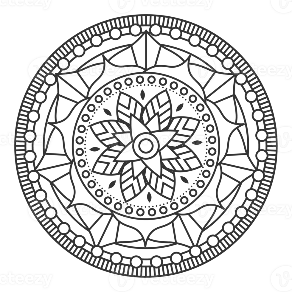Monochrome mandala ornament outline pattern. Indian geometric art graphic for meditation. png