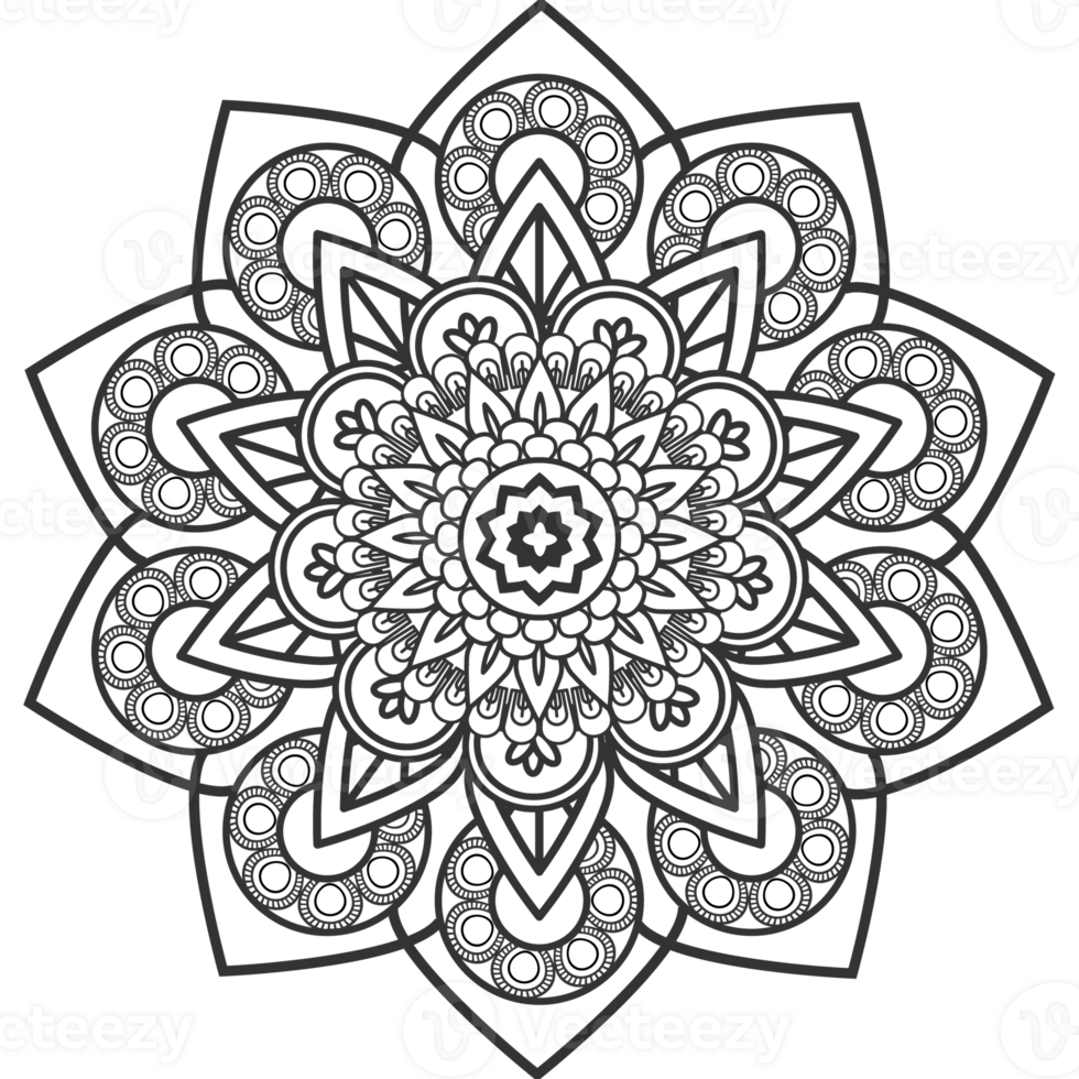 Monochrome mandala ornament outline pattern. Indian geometric art graphic for meditation. png