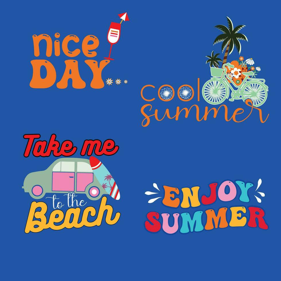 Free vector summer t shirt design and sticker set  bundle.