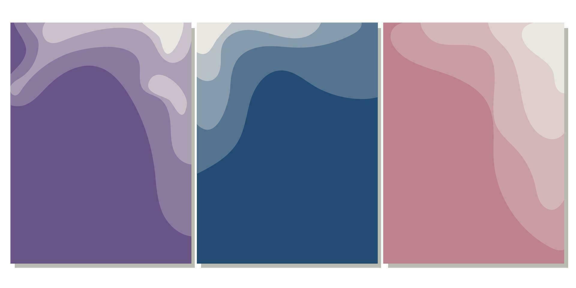 Vector set of templates for posts on social networks with an abstract composition of organic forms of the earth levels in a modern minimalist collage style for your decoration. Purple