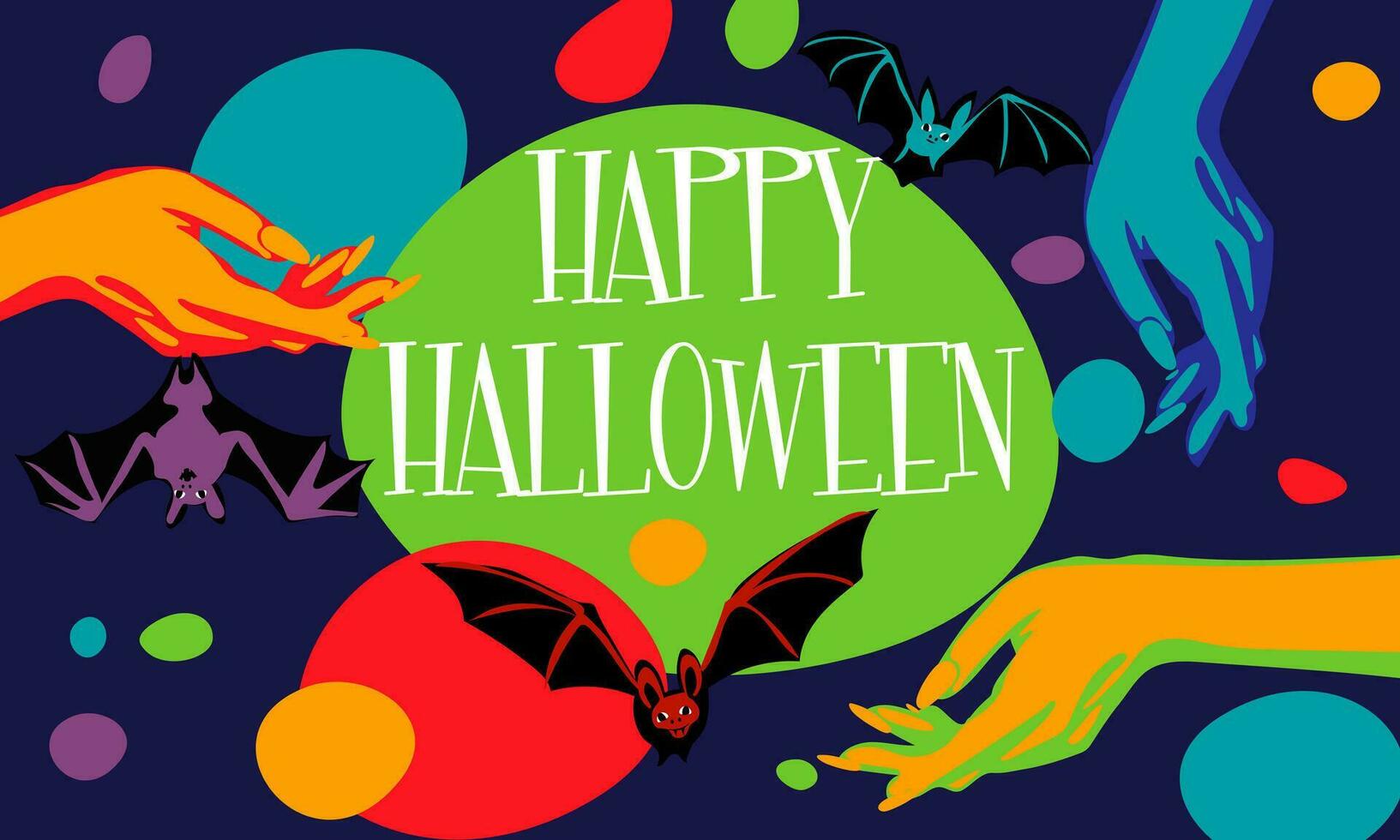 Illustration of witches' hands catching bats on an abstract bright background and the inscription Happy Halloween for a party invitation card, poster. Day of the dead banner. Printing in bright colors vector