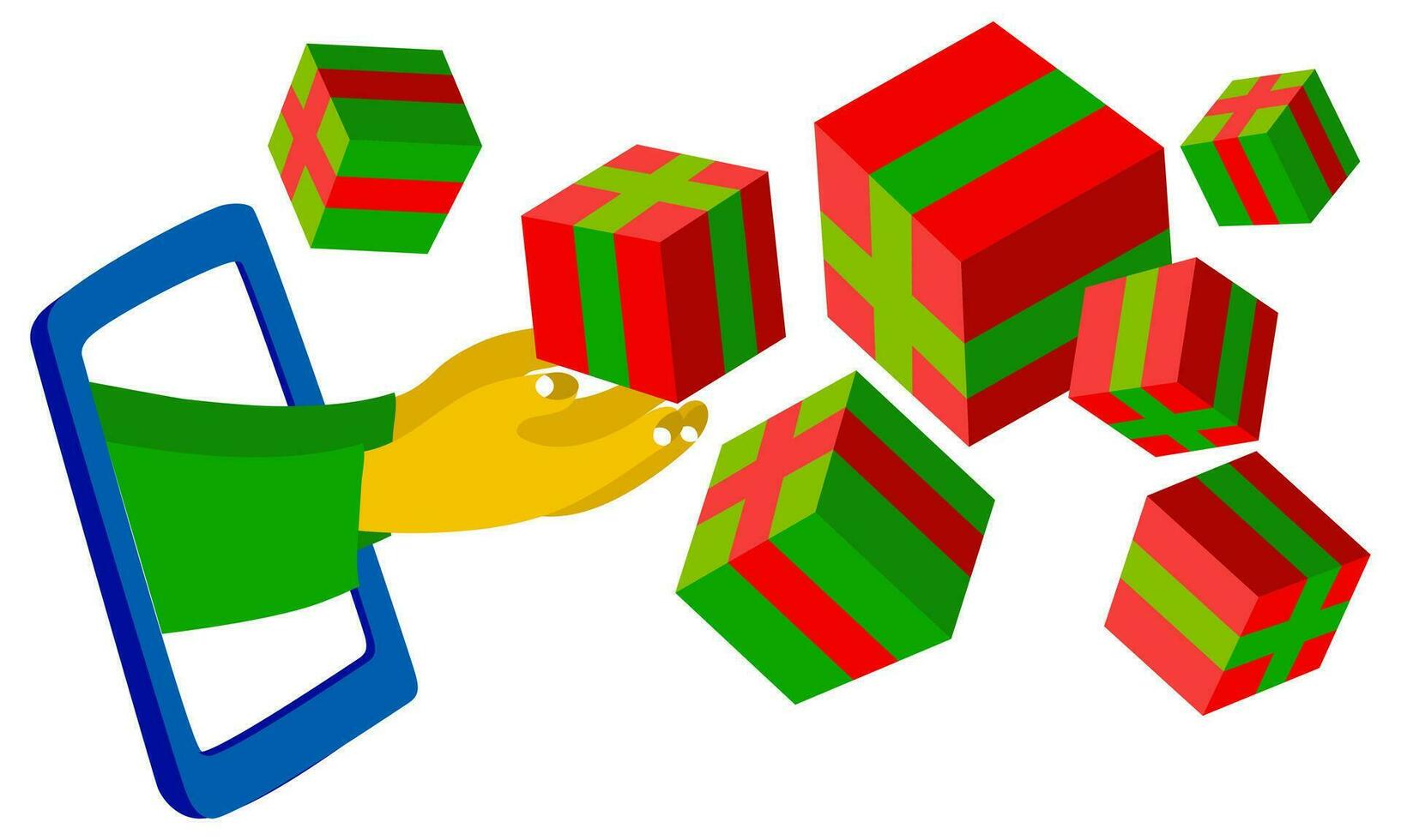 Illustration on the topic of online shopping and delivery. From the phone screen, gift boxes are pouring out of the hands, delivery after an online order on the website. The concept of delivery vector