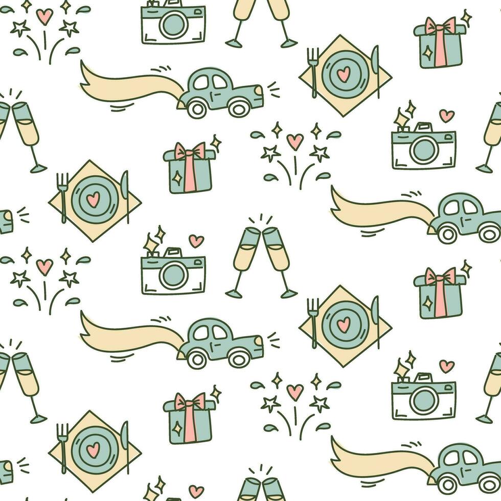Wedding background. Seamless pattern with wedding elements to determine the arrival time of guests. Wedding symbols. Handmade cartoon wedding symbols. Contour icons with fill. Packaging vector
