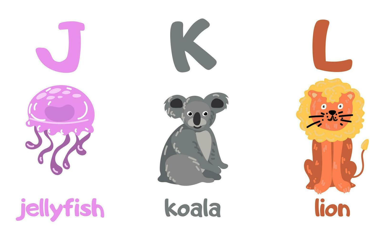 English alphabet with a set of vector illustrations of cute animals. A group of isolated uppercase letters with animals. Children's font for children ABC book symbols pack. Jellyfish, koala, lion