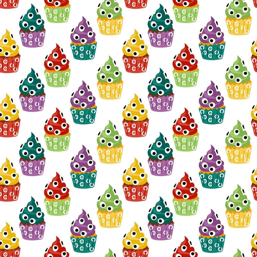 Seamless pattern of eye-catching Halloween cupcakes on a white background. Happy Halloween, scary sweets. Cartoon pattern with colored monsters with eyes. Vector illustration