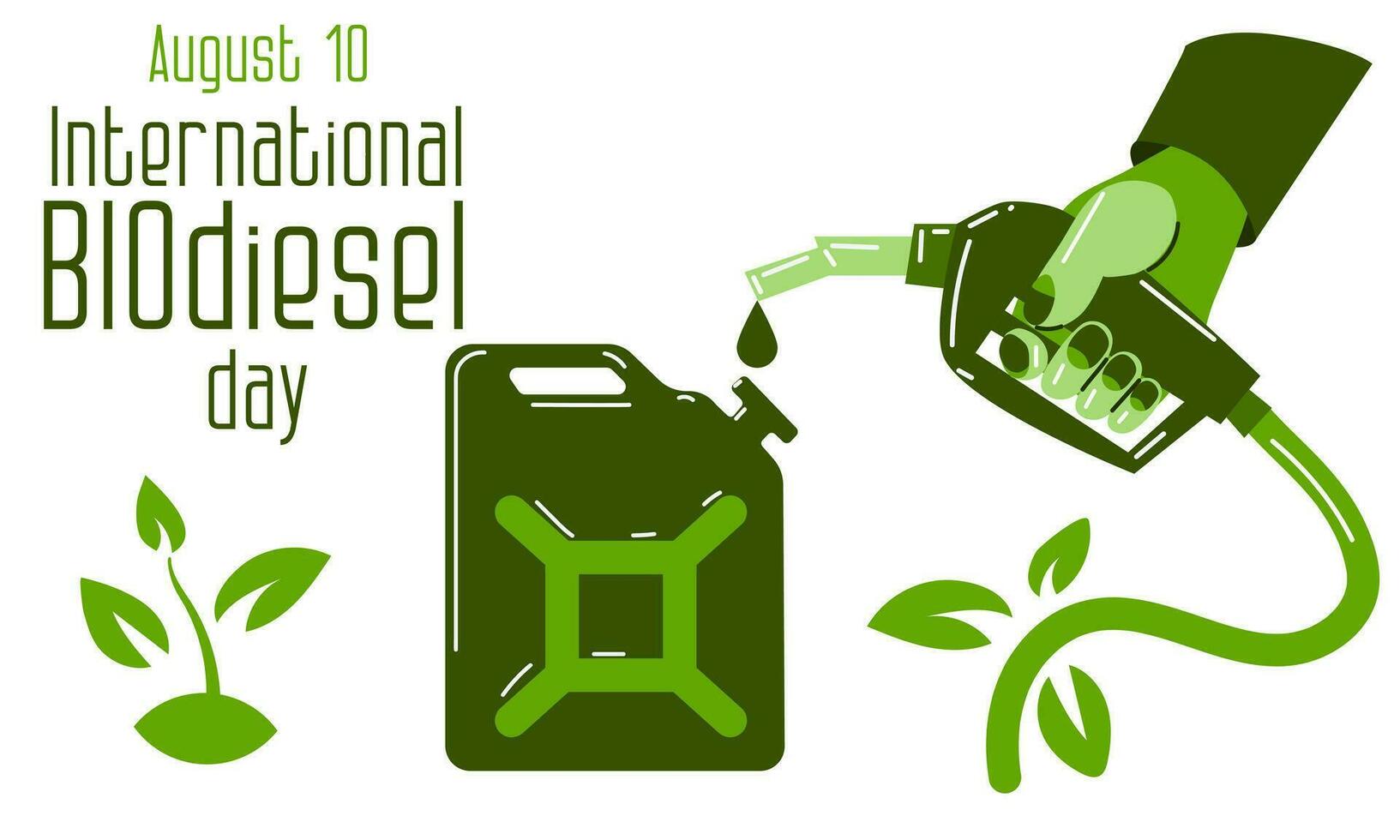 Green biofuel sign, dispenser gun, fuel canister with sprout. International Biodiesel Day. Template for background, banner, postcard, poster with text. Vector illustration of biofuels. Green theme