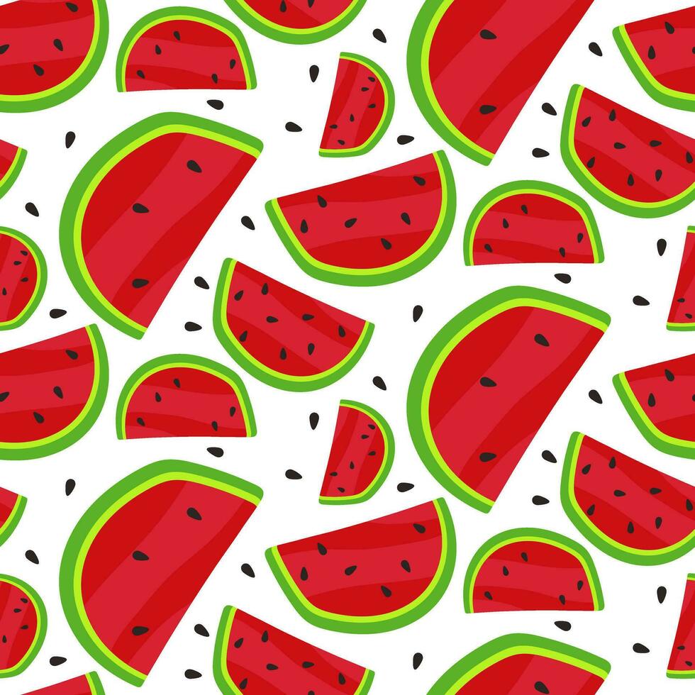 Vector illustration of a seamless pattern of watermelon slices. Summer watermelon background with seeds on a white background. Cartoon pieces of watermelon in a chaotic order. Gift packaging