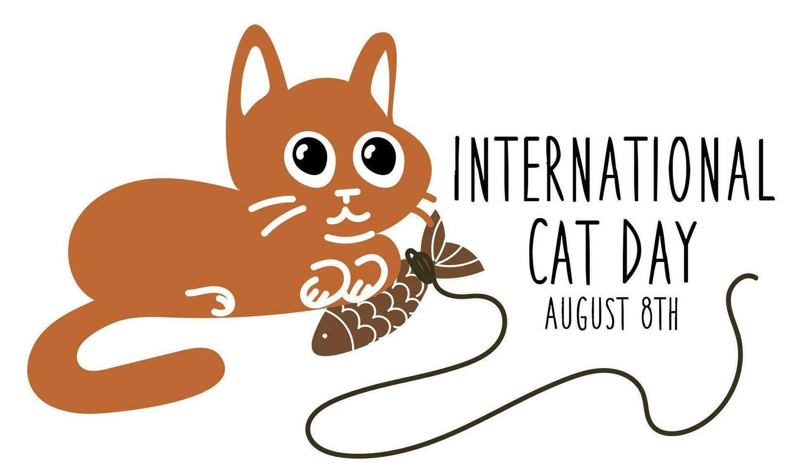 International Cat Day on August 8. Abstract charismatic funny cat is lying on a fish toy. A postcard, a banner, a flyer for a holiday in the flat style. Poster of the Day of cats, pets vector