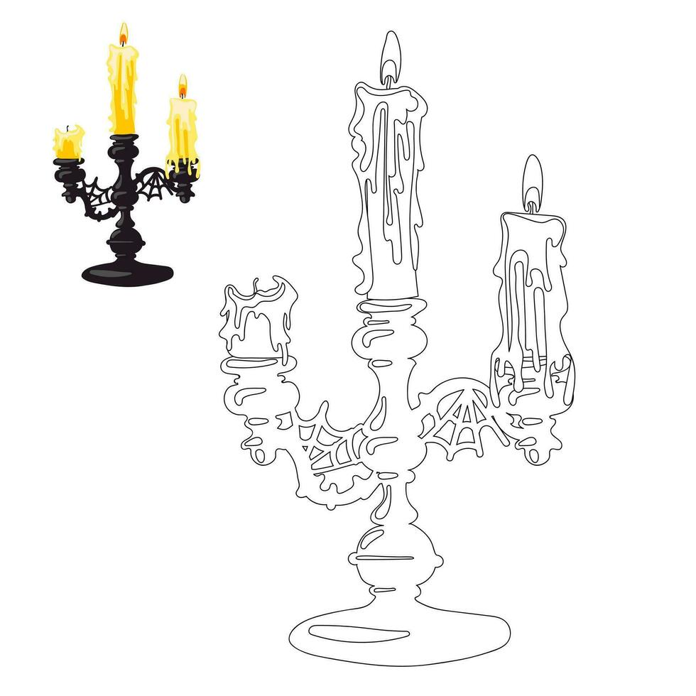 A candlestick made of a triple holder with candles in a contour style for coloring. Mini coloring book, selection of colors. Candles for divination on holders. Coloring book. Silhouette of a candle vector