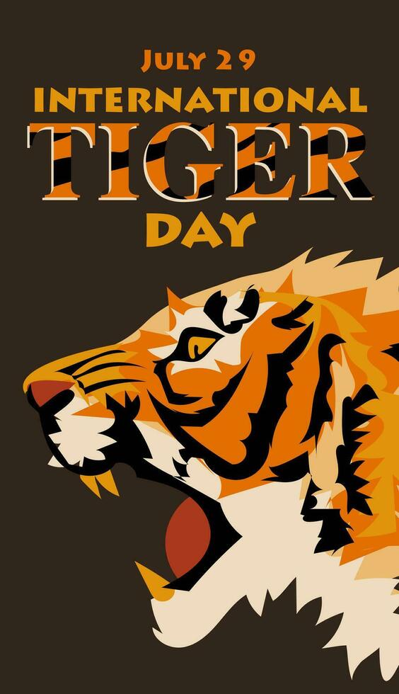 International Tiger Day on July 29. The big head of the aggressive tiger profile growls. Portrait of an evil tiger. Suitable for printing on postcards, banners, flyers. Person warning attack, danger vector