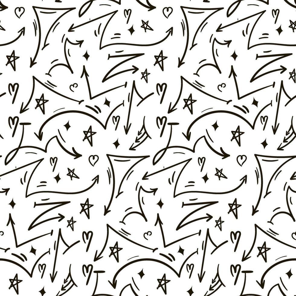 A pattern of sharp linear arrows of different shapes and directions in a street style with a black marker on a white background. Arrows and details, mini drawings, stars, highlights, hearts. Texture vector