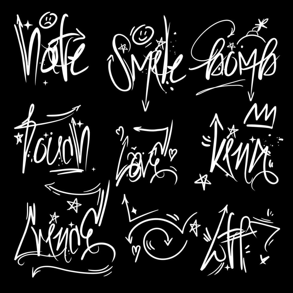 A set of modern graffiti-style inscriptions. Inscriptions, words - love, hate, smile, king, wtf, bomb, trech, cringe. Fashionable vector isolated illustration on a black background Street inscriptions