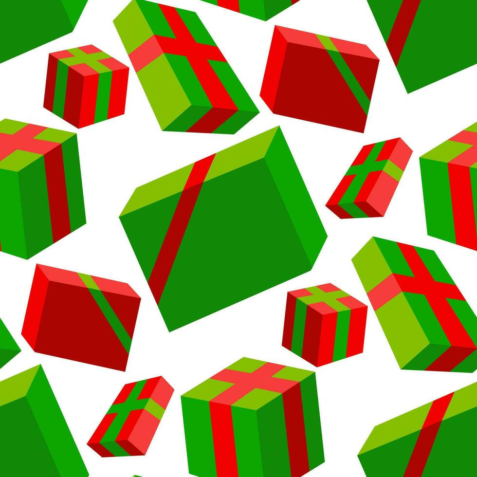 The pattern is a box, the parcel is tied with a ribbon in red and green colors on a white background. Seamless festive, gift texture. Printing for birthday packaging, as well as the theme of sales vector
