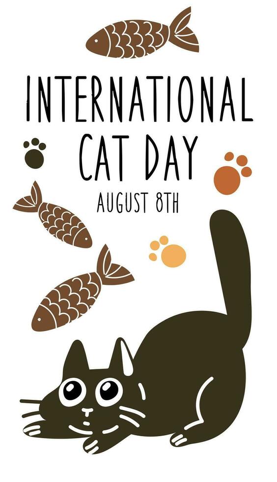 internacional gato día en agosto 8. resumen carismático gracioso gato es jugando con un juguete. un tarjeta postal, un bandera, un volantes para un fiesta en el plano estilo. póster de el día de gatos, mascotas vector