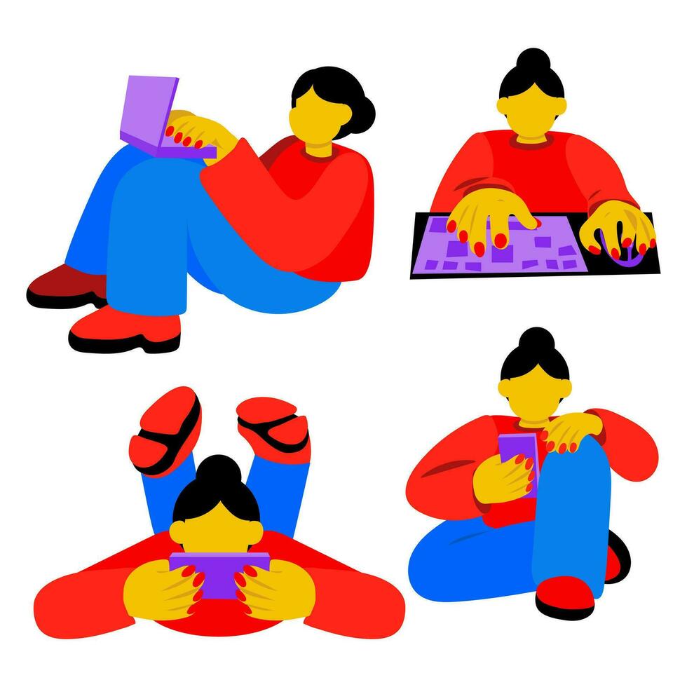 A group of girls correspond with someone using a laptop and a computer and a phone. Communicates via the Internet. Girls play, communicate, work remotely, shop. A bright character on a white vector