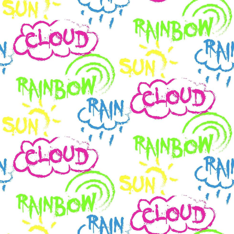 un modelo de inscripciones sol, lluvia, nube, arco iris con dibujos. brillante palabras escrito en lápiz en blanco. jugoso moderno inscripción. elegante fuente tipografía. citar en postales, invitaciones impresión vector