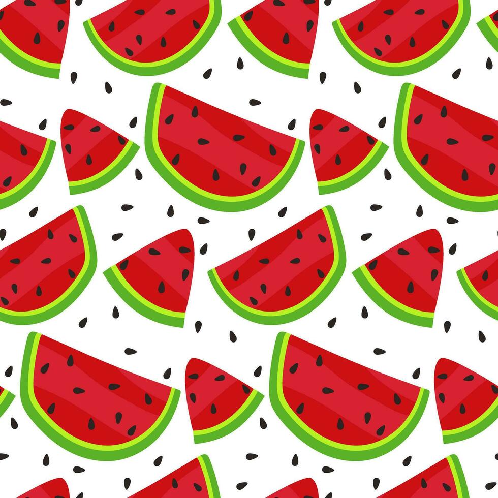 Vector illustration of a seamless pattern of watermelon slices. Summer watermelon background with seeds on a white background. Cartoon pieces of watermelon in a chaotic order. Gift packaging