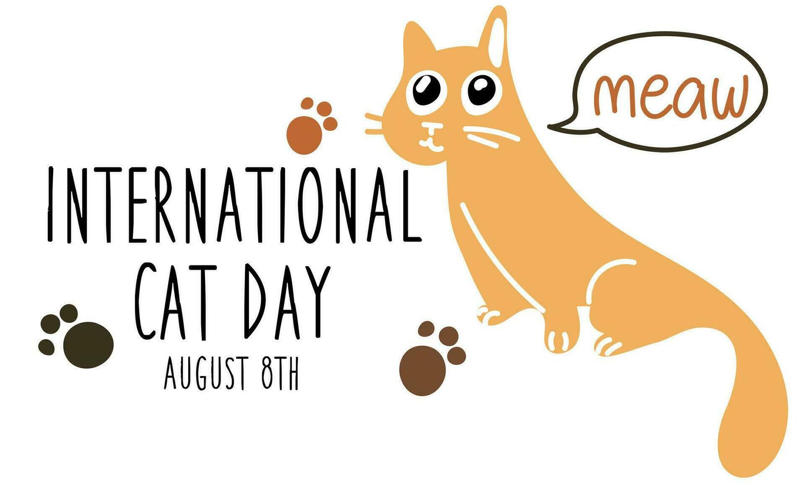 internacional gato día en agosto 8. resumen carismático gracioso gato estiramientos y maullidos mientras acostado abajo. un tarjeta postal, un bandera, un volantes para un fiesta en el plano estilo. póster de el día de gatos, mascotas vector