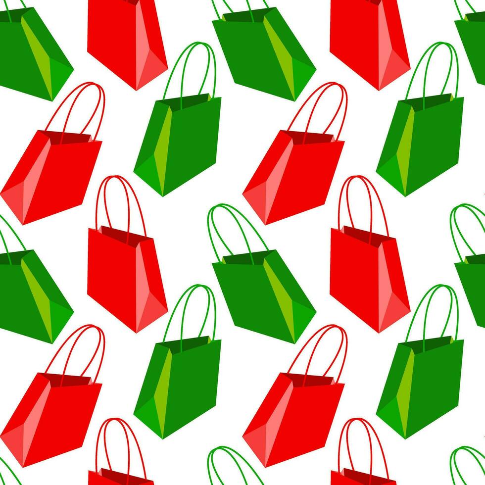 Pattern of a paper shopping bag with handles in red and green colors on a white background. Seamless festive, gift texture. Printing for birthday packaging, as well as the theme of discounts, sales vector