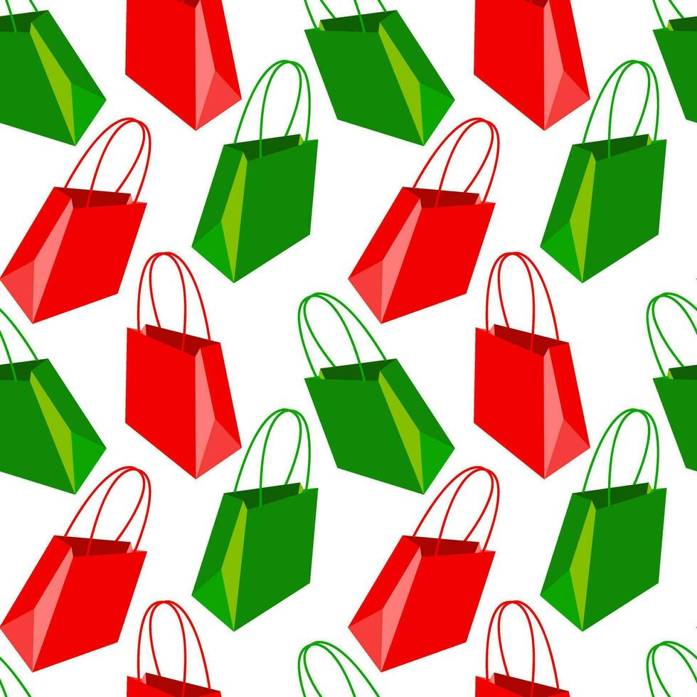 Pattern of a paper shopping bag with handles in red and green colors on a white background. Seamless festive, gift texture. Printing for birthday packaging, as well as the theme of discounts, sales vector