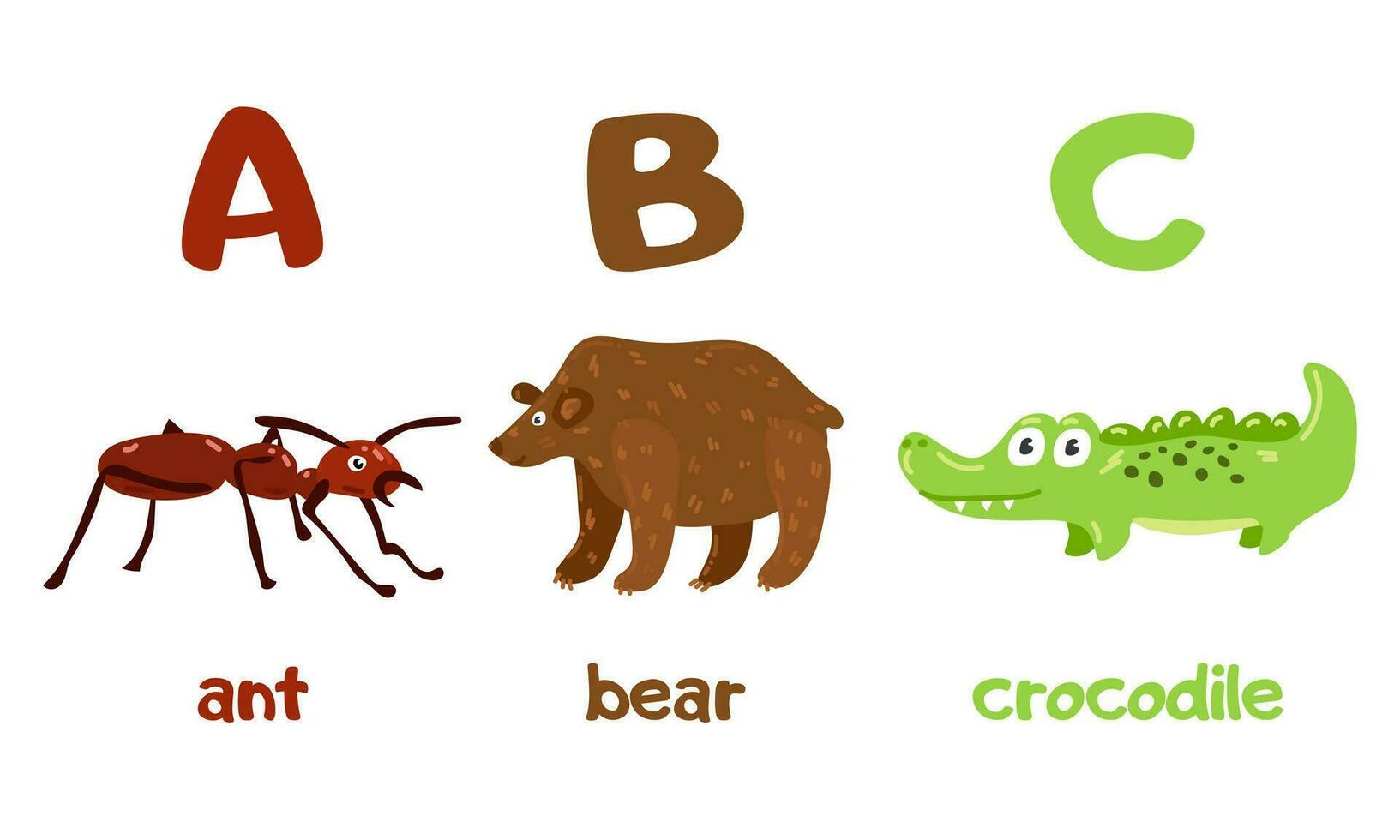 English alphabet with a set of vector illustrations of cute animals. A group of isolated uppercase letters with animals. Children's font for children ABC book symbols pack. Ant, bear, crocodile