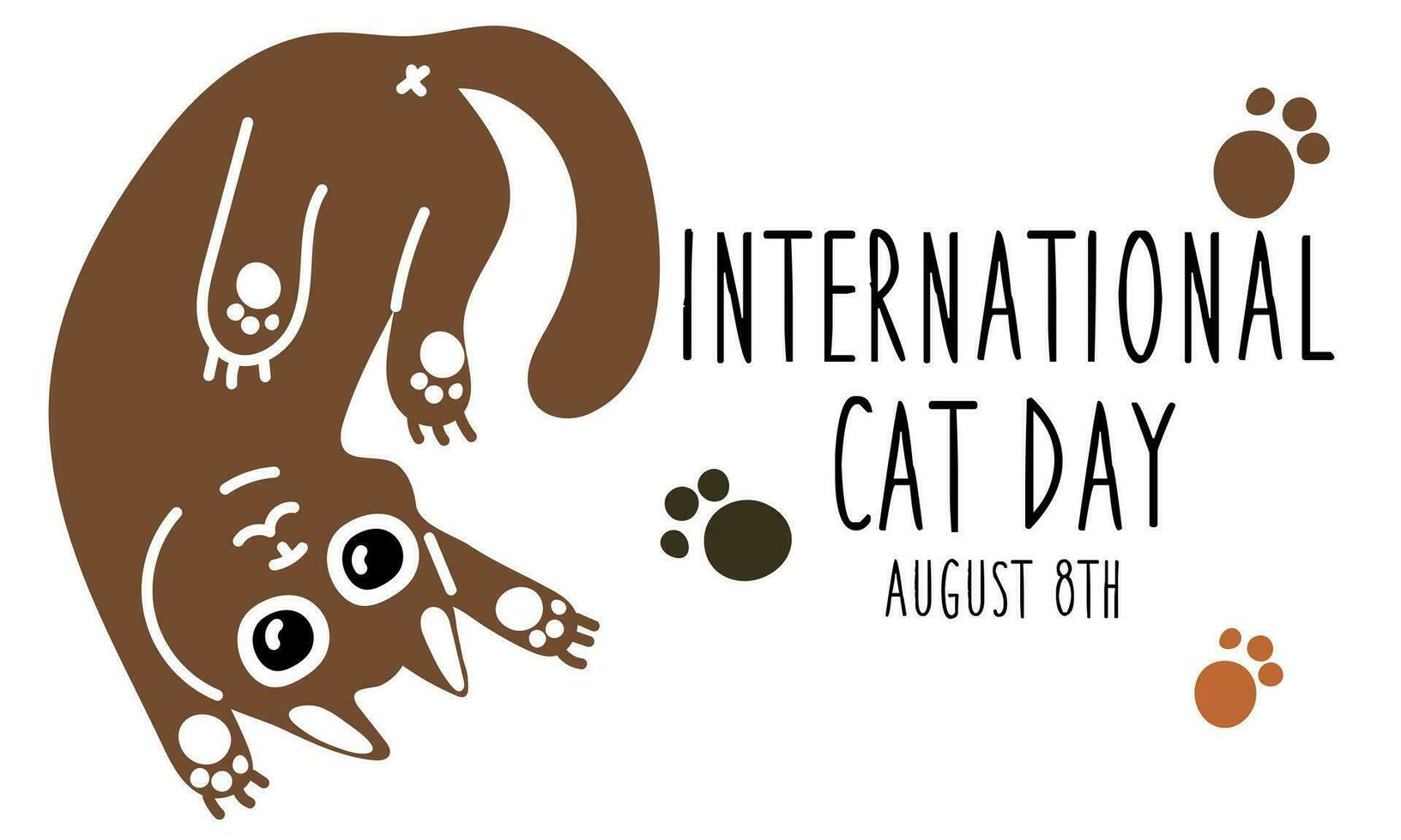 International Cat Day on August 8. Abstract charismatic funny cat lying stretched. A postcard, a banner, a flyer for a holiday in the flat style. Poster of the Day of cats, pets vector