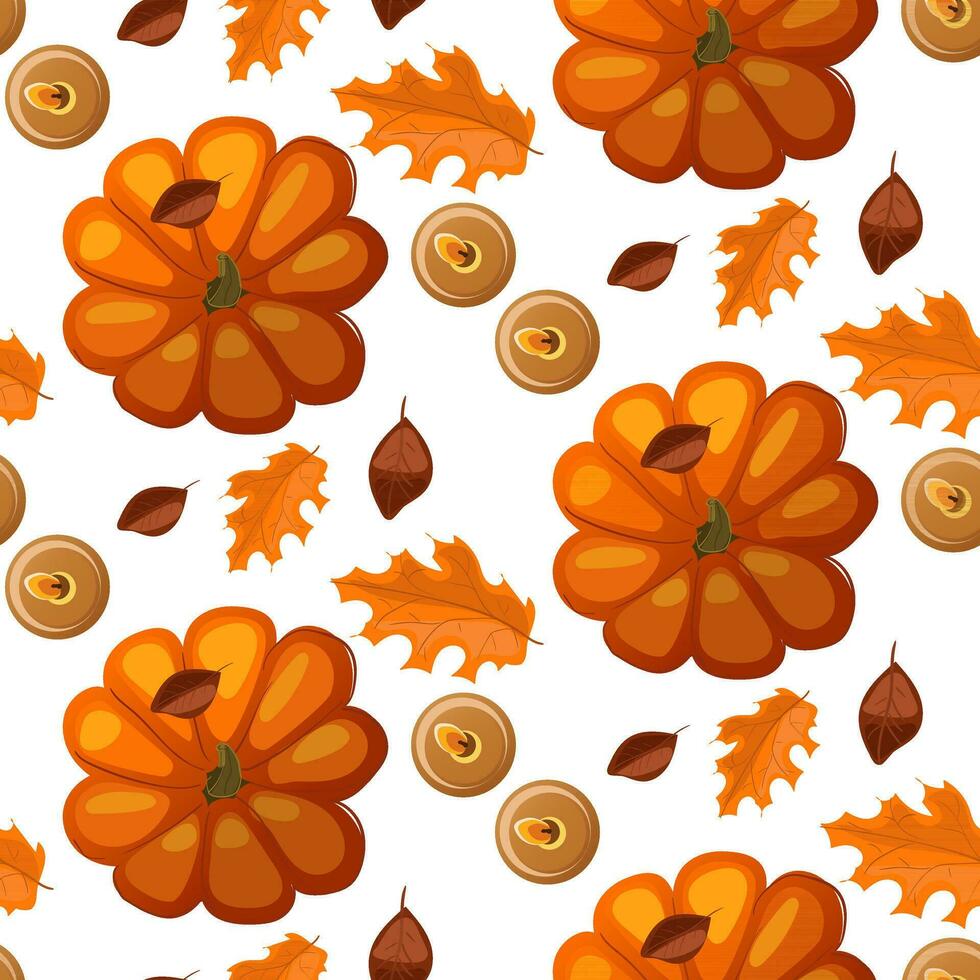 A pattern of autumn leaves, candles and pumpkins in brown and orange tones on a gray background with a shadow. Fallen leaves. Flat design. Great for creating backgrounds, clothing and editorial design vector