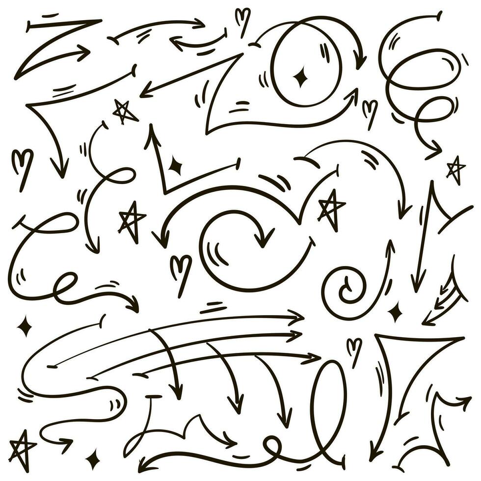 A set of linear arrows of different shapes and directions in street style with a black marker on a white background. Arrows and details, mini drawings, stars, highlights, hearts, stripes of movement vector