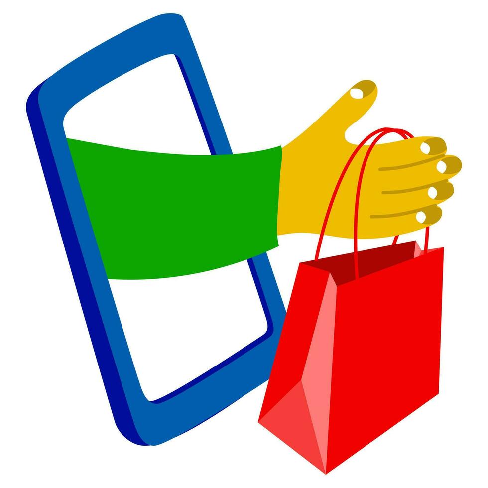 Illustration on the topic of online purchase and delivery. From the phone screen of the hand with a paper bag, the customer places an online order on white. The concept of delivery and online shopping vector