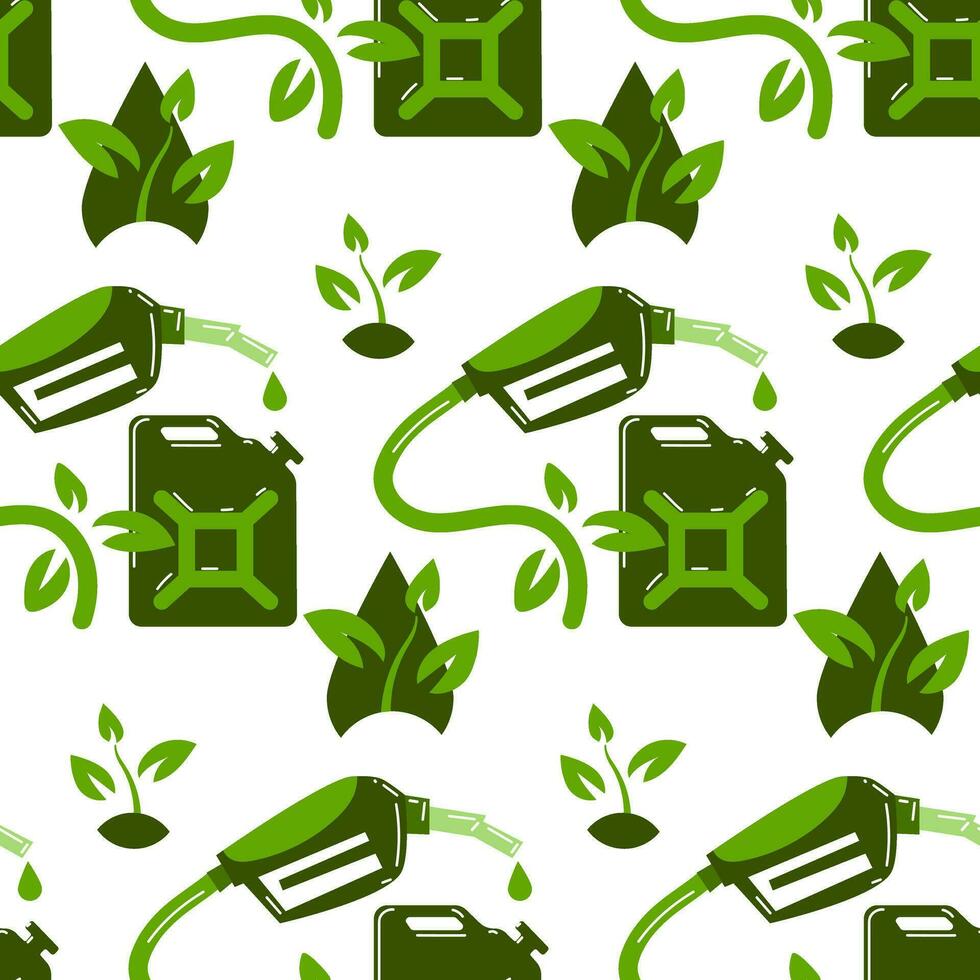 Seamless background on the theme of biodiesel, fuel in green colors. Dispenser gun, plants, drop, canister. Flat vector illustration. The pattern of the symbol of ecological refueling