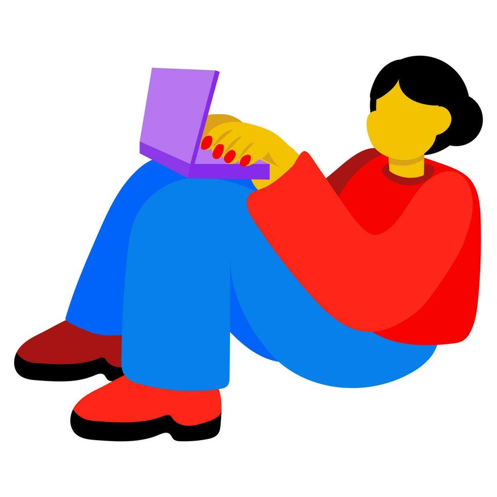 The girl is sitting and texting with someone on a laptop. It works with the help of a computer. The girl works sitting on the floor with the phone in her hands. The girl is sitting, working vector