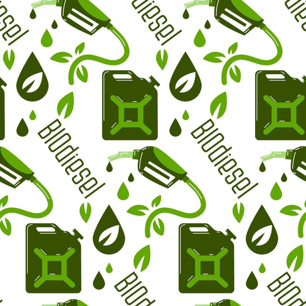 Seamless background on the theme of biodiesel, fuel in green colors. A dispenser gun, a drop with a leaf, a canister. Flat vector illustration. The pattern of the symbol of ecological refueling. Print