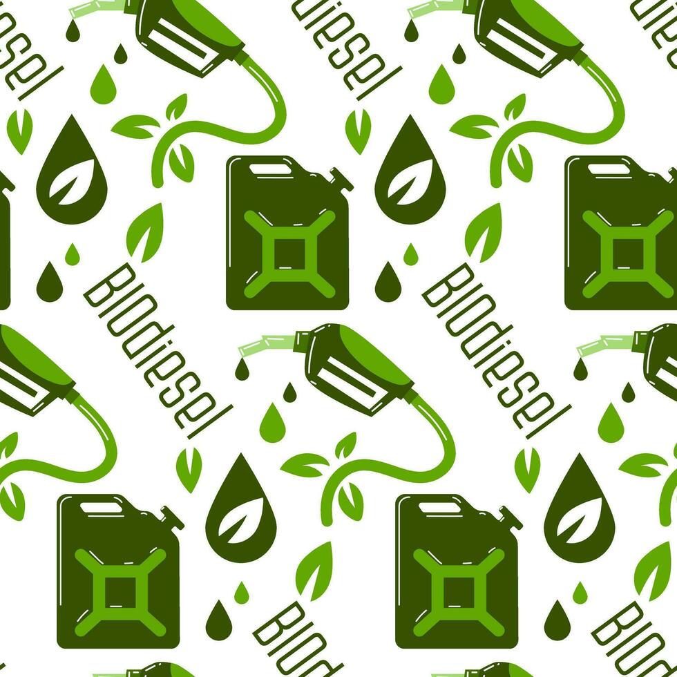 Seamless background on the theme of biodiesel, fuel in green colors. A dispenser gun, a drop with a leaf, a canister. Flat vector illustration. The pattern of the symbol of ecological refueling. Print