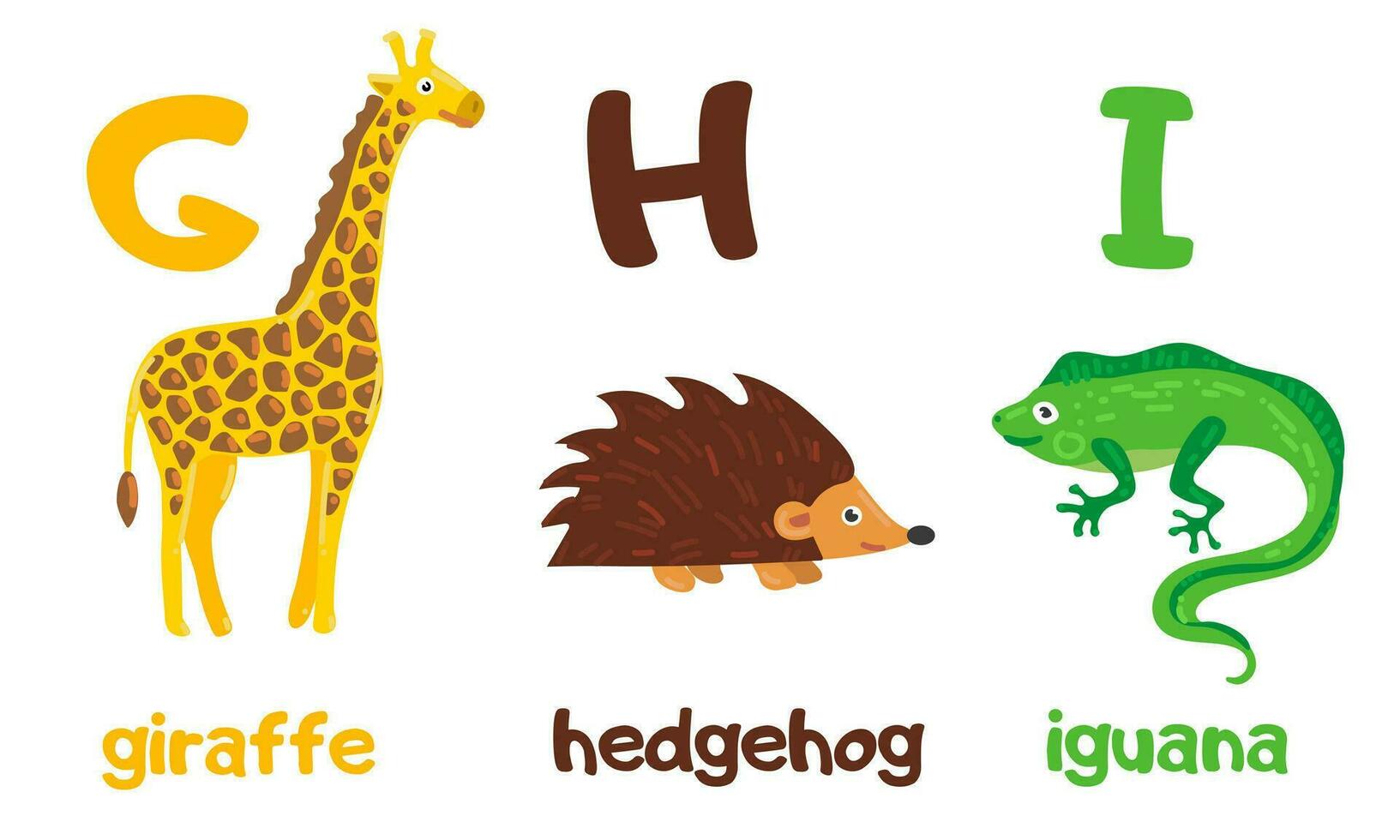English alphabet with a set of vector illustrations of cute animals. A group of isolated uppercase letters with animals. Children's font for children ABC book symbols pack. Giraffe, hedgehog, iguana