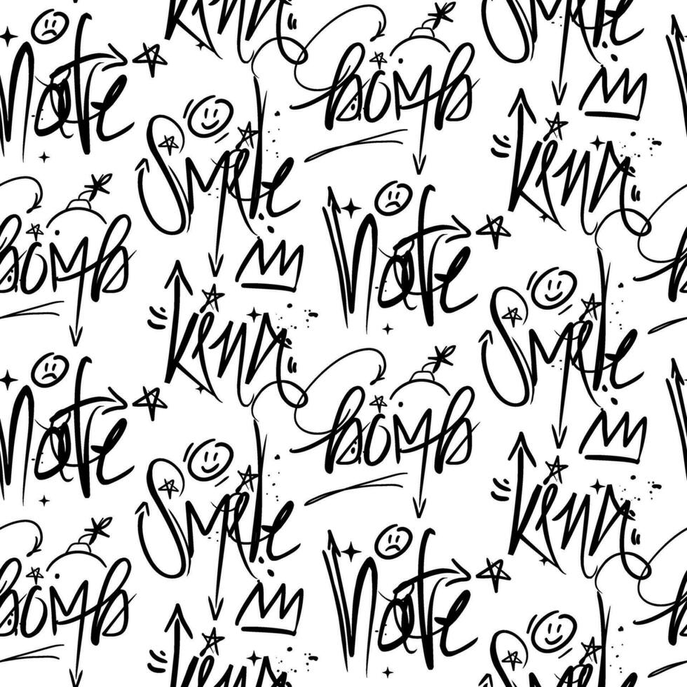 A pattern of inscriptions in a modern graffiti style. Inscriptions, the words smile, bomb, hate, king. Background with fashionable vector texts illustration on a white background. Texture with street