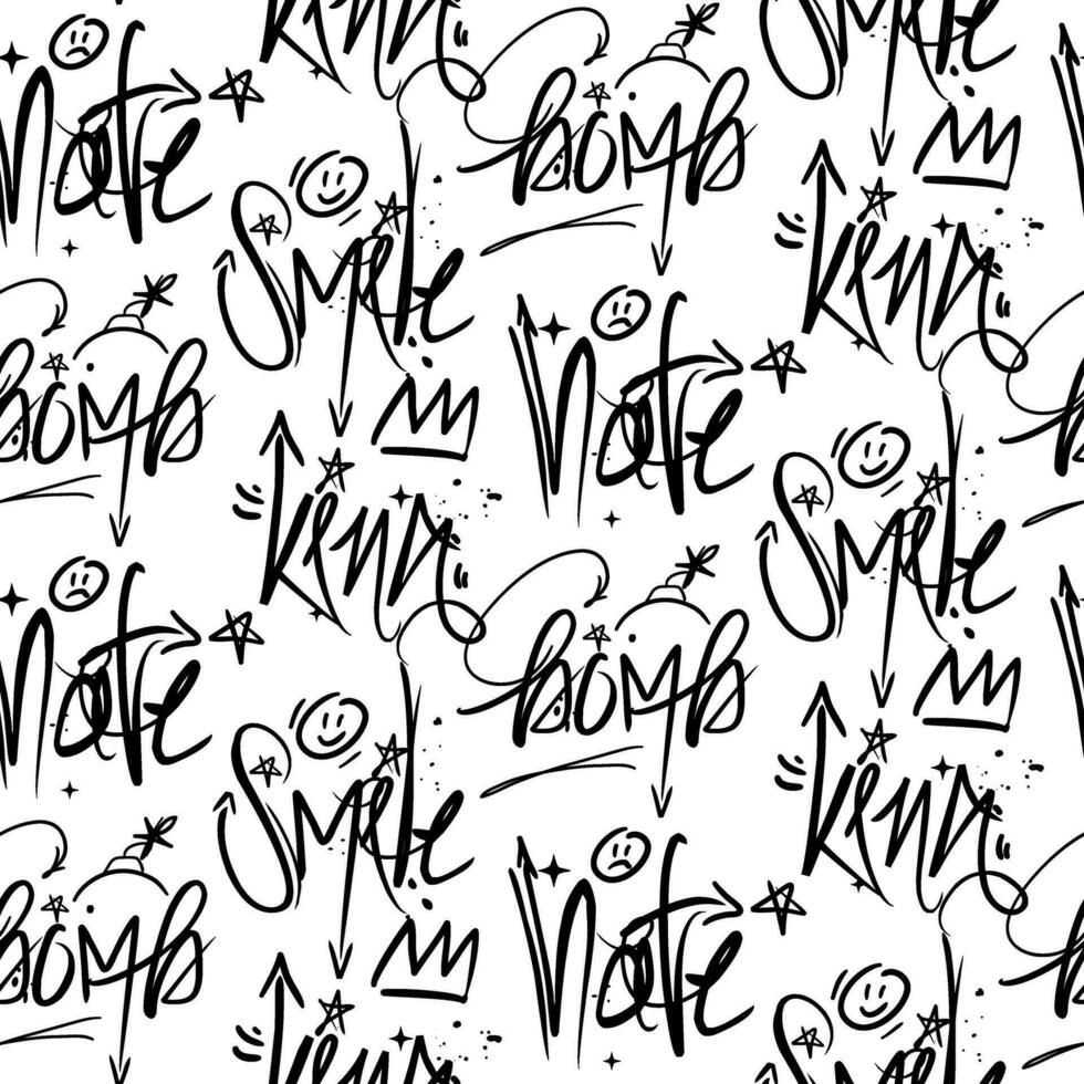 A pattern of inscriptions in a modern graffiti style. Inscriptions, the words smile, bomb, hate, king. Background with fashionable vector texts illustration on a white background. Texture with street